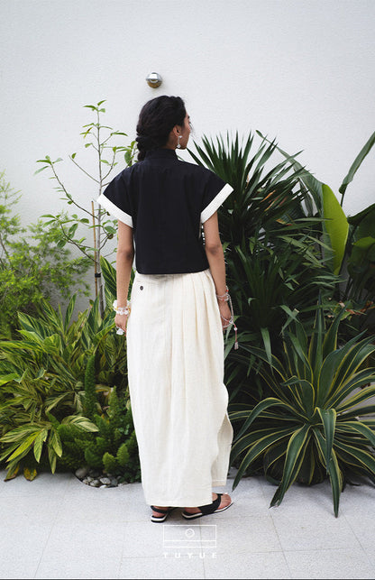 TUYUE Black Asymmetrical Placket Crisp Short Sleeve Top- MERLIN.