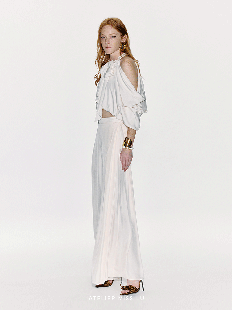 ATELIER MISS LU Draped Off-the-Shoulder Streamers Acetate Top - ATTERY