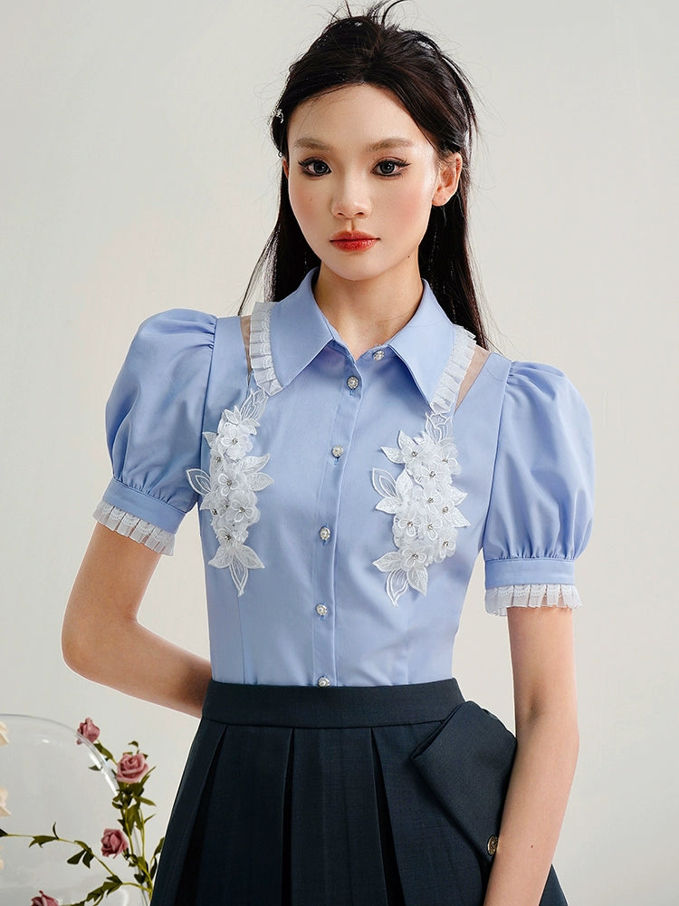 CHECOCRE Chic Three-dimensional Flower Puff Sleeve Cutout Sexy Blue Top - ATRACT
