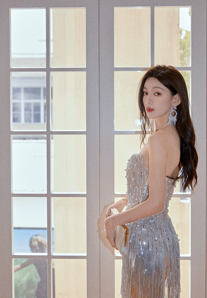 DOLLY Elegant Chest Wrap Glittering Tassel Tube Top Beaded Short Sexy Dress-LENORA  (V)