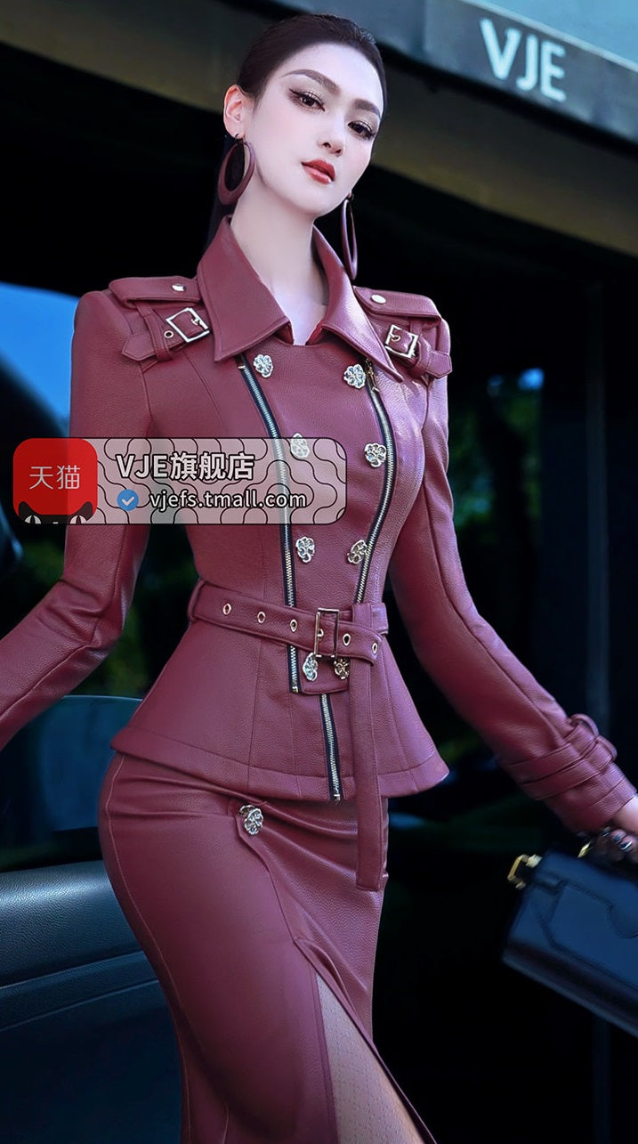 VJE PU Leather Jacket Midi Hip Skirt Two-Piece Skirt Suit Set-BORA.