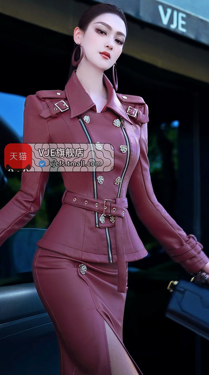 VJE  PU Leather Suit Skirt Jacket Midi Hip Skirt Two-Piece Set-BORA,
