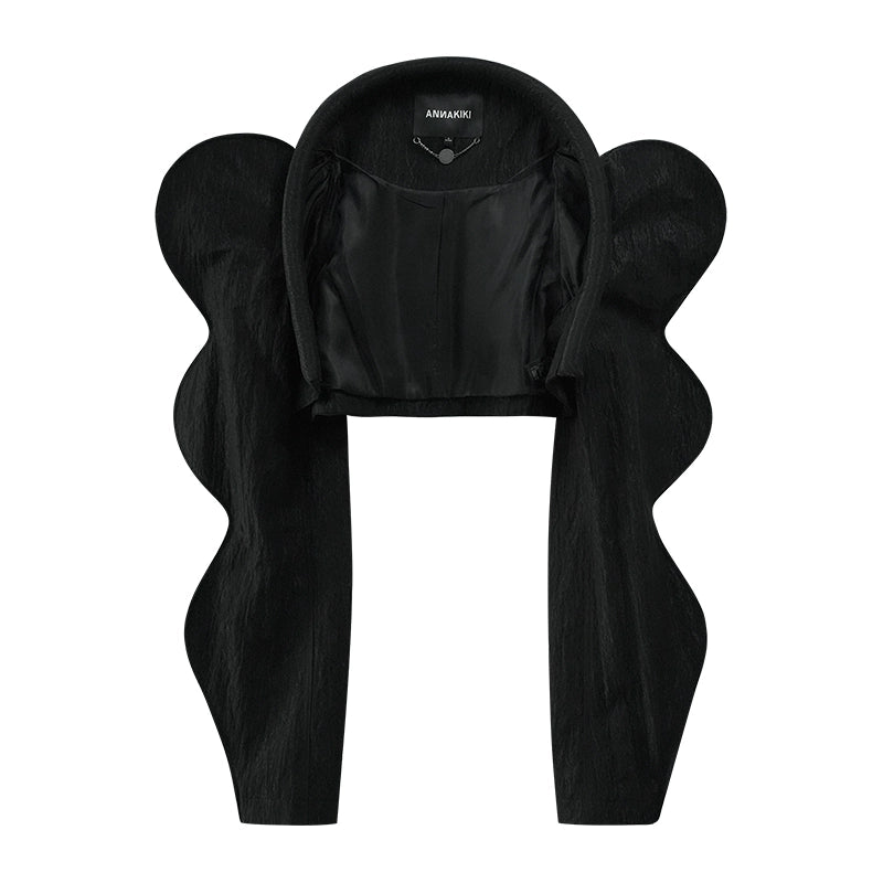 ANNAKIKI model black wavy cotton swab long sleeve short coat for women-MICKEY