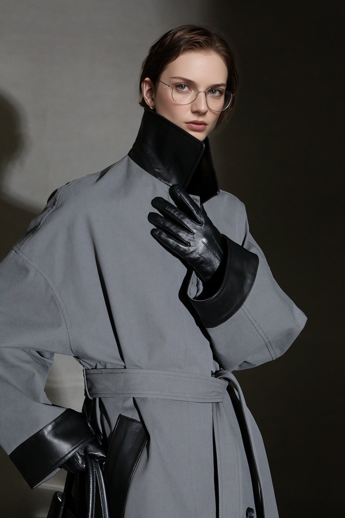 PIAOIN sheepskin stitched collar design sense trench coat women's unisex style-DEX