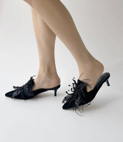 B-FEI kitten heeled niche beaded flower decoration mules-NEULO.