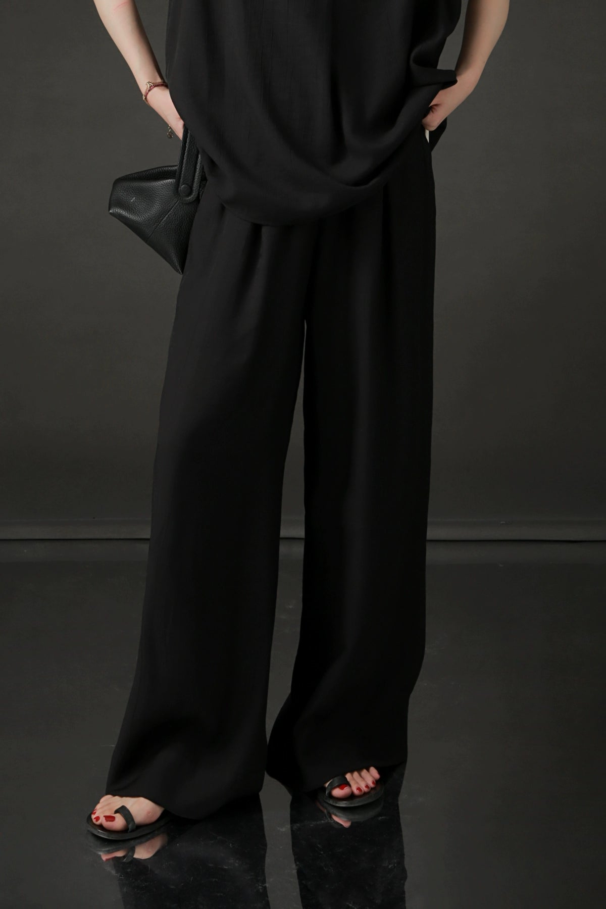 PIAOIN texture linen silk stand up collar sleeveless t-shirt women's straight pants - ARIA