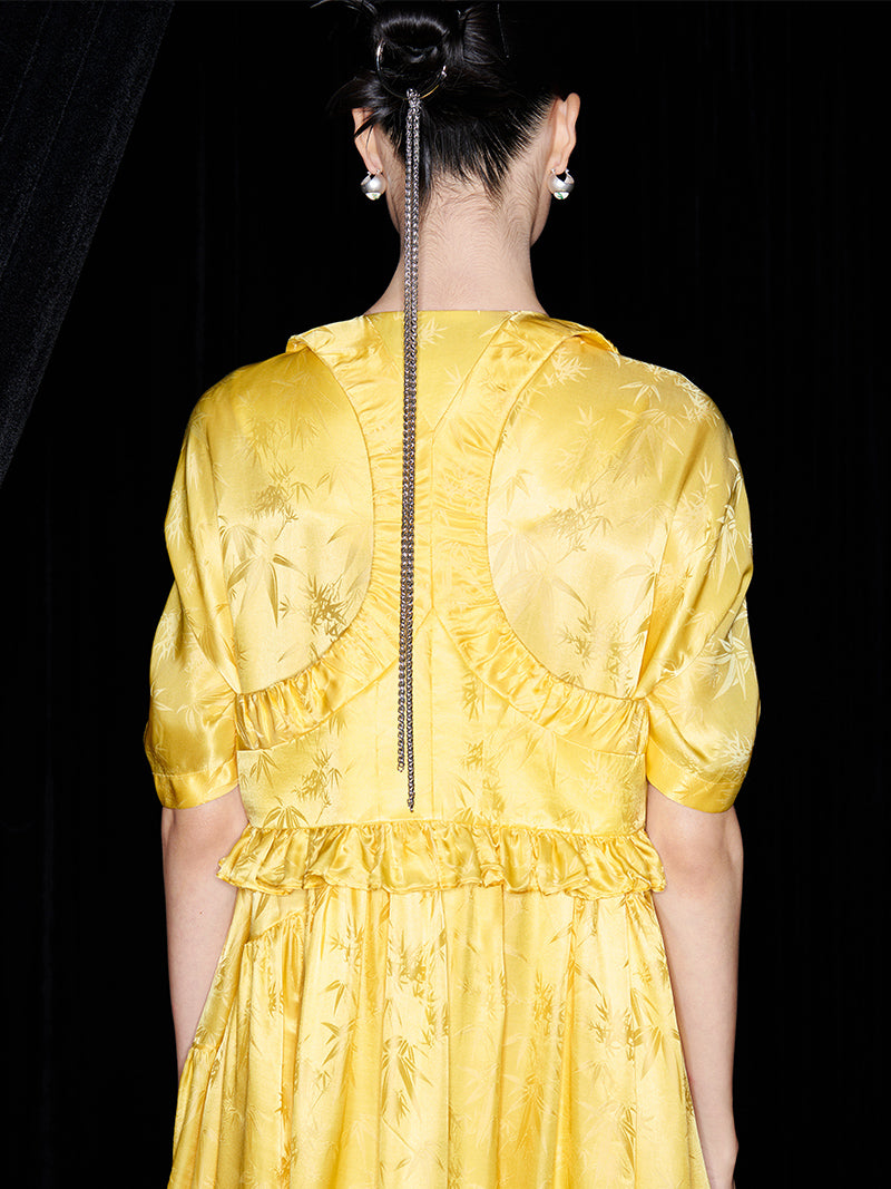 M essential Mackay designer Pine yellow jacquard short-sleeved tower fll dress- Abyn.