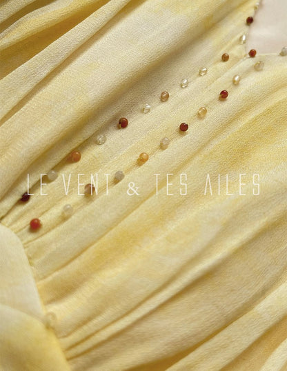 LE VENT&TES AILES 100% Silk French Haute Smudge V-Neck midi yellow Dress - FAYE