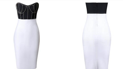 DOLLY Elegant Black and White Sleeveless Chest Wrap Bandage Midi Dress-BABE