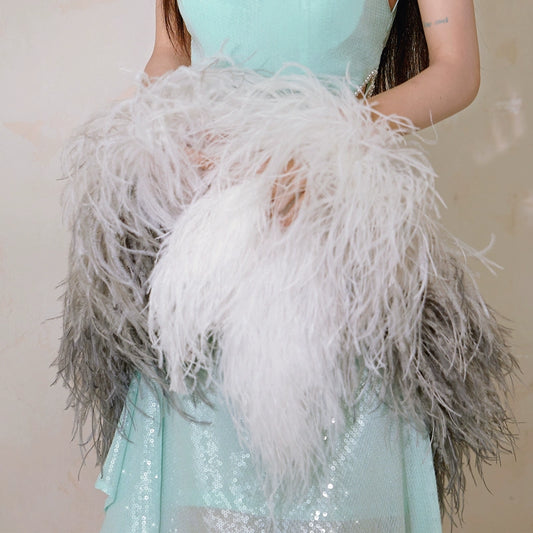 DOLLY High End Gray and White Russian Style High Grade Fluffy Feather Shawl-BENI  (V)