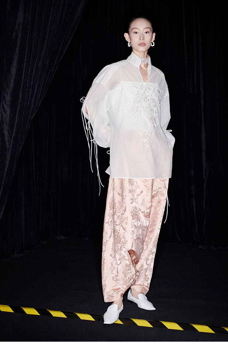 M essential Mackay designer soft-paper pale overshirt with pavement embroidery - serious.