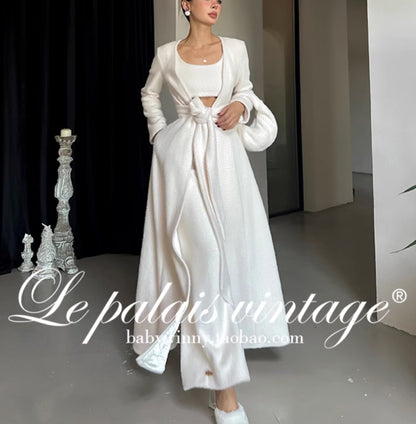 Le Palais Vintage Luxury White Fur Hand bag Plush Vest High Waist Wide-leg Pants Suit-Sonia