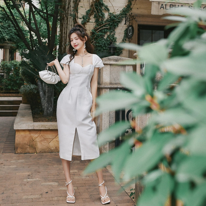 DOLLY Luxury French Style Square Collar Short Puff Sleeves Flower Bud Midi Dress-SARAH