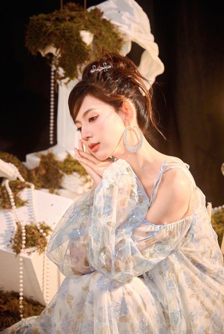 DOLLY Elegant Blue French Style Floral Off Shoulder Loose Glitter Resort Dress-TEE