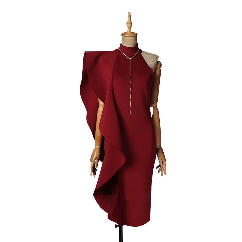 DOLLY Elegant Stand Collar Sleeveless Ruffle Midi Business Dinner Dress-RAINA