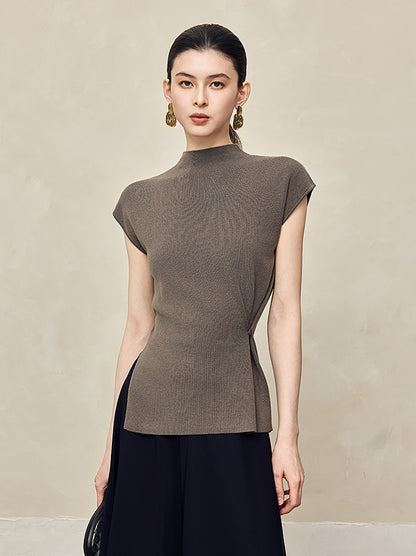 HECO Waist Side Buckle Stand Collar Knitted Short Sleeve Top- BLOOD.