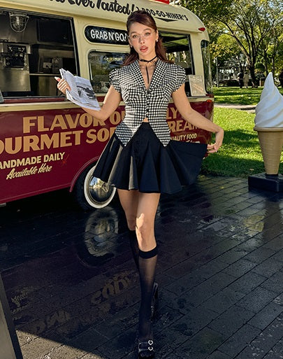 Le Palais Vintage Black & White Plaid Slim Puff Sleeve Shirt-ARARAGI.