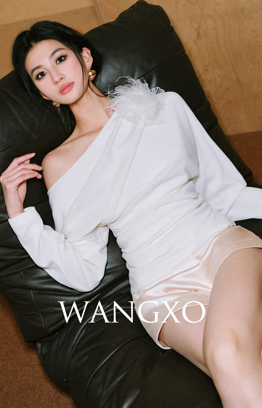 WANGXO | Feather Oblique Shoulder Waist Knitwear Top-RAYA.