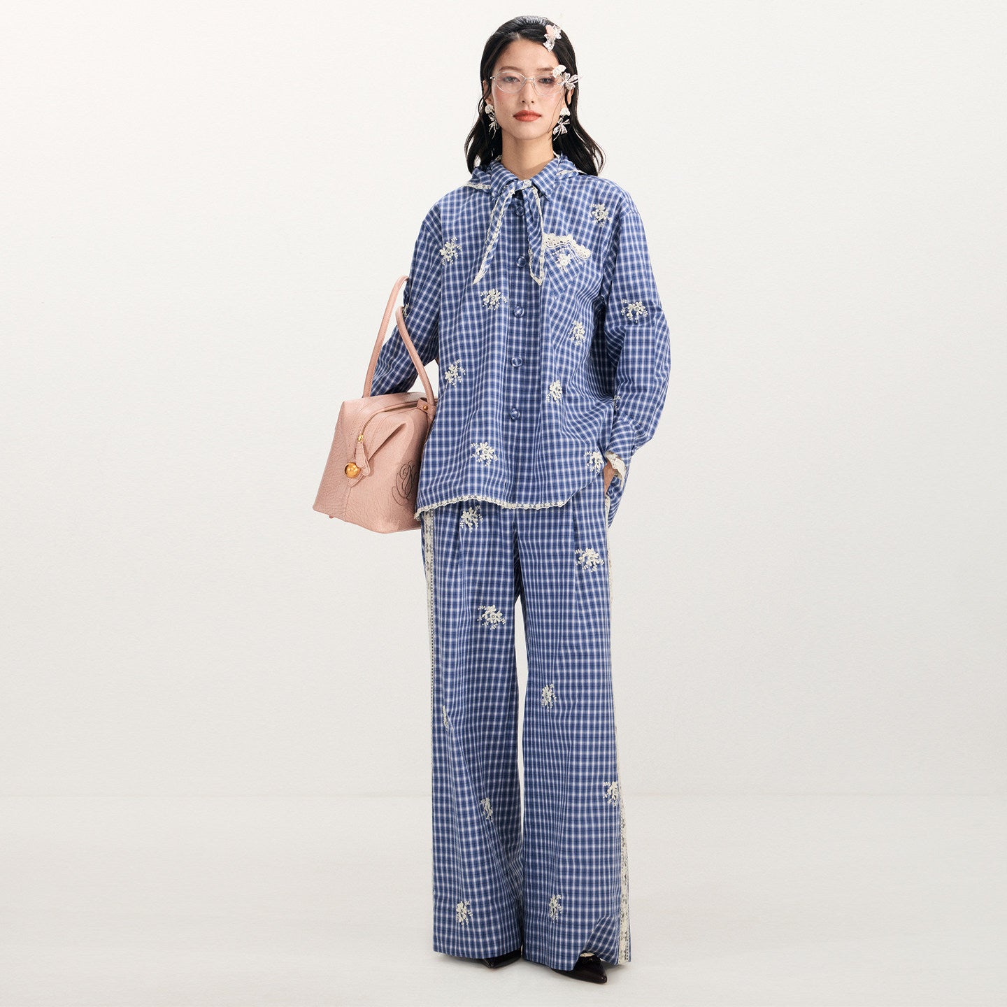 FAME loose plaid beaded long-sleeved shirt- FELIX