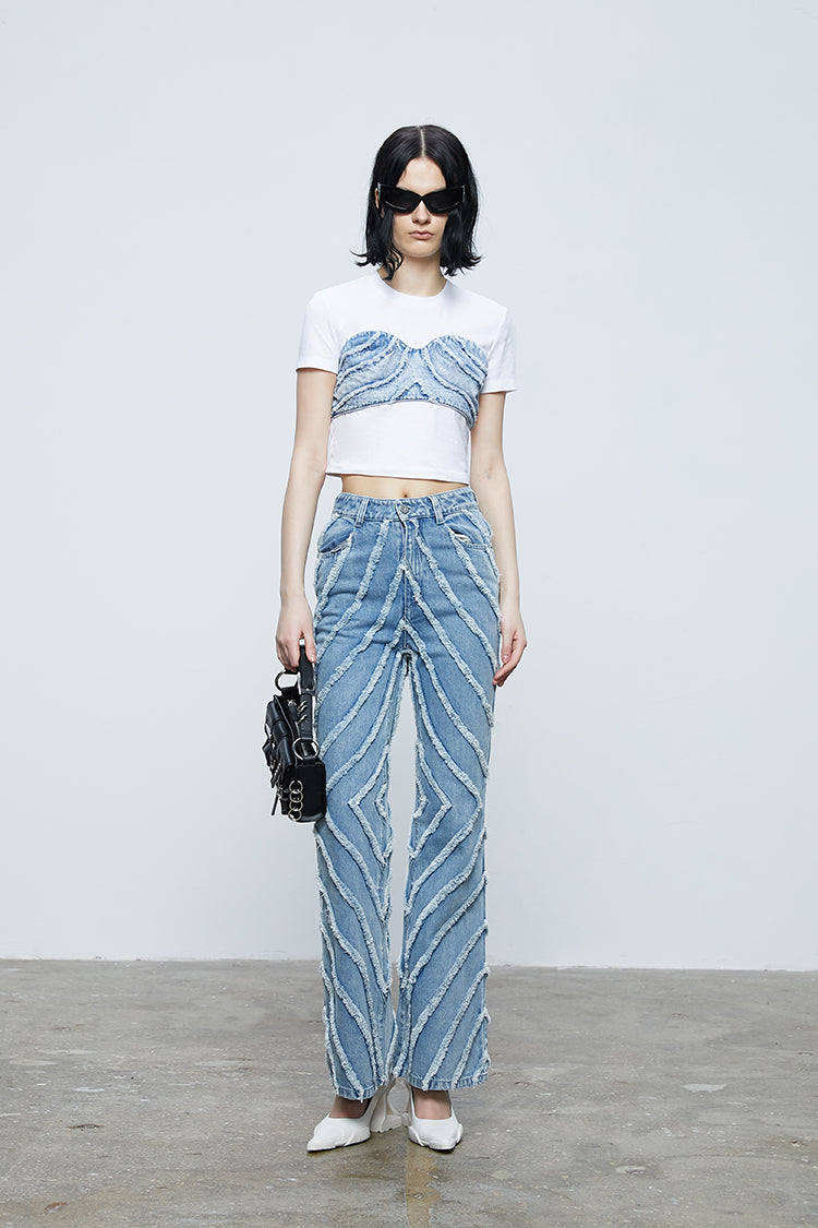 ANNAKIKI fractal shooting star raw edge denim bell bottoms-YAMEN.