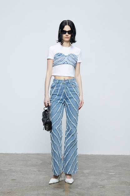 ANNAKIKI fractal shooting star raw edge denim bell bottoms-YAMEN.