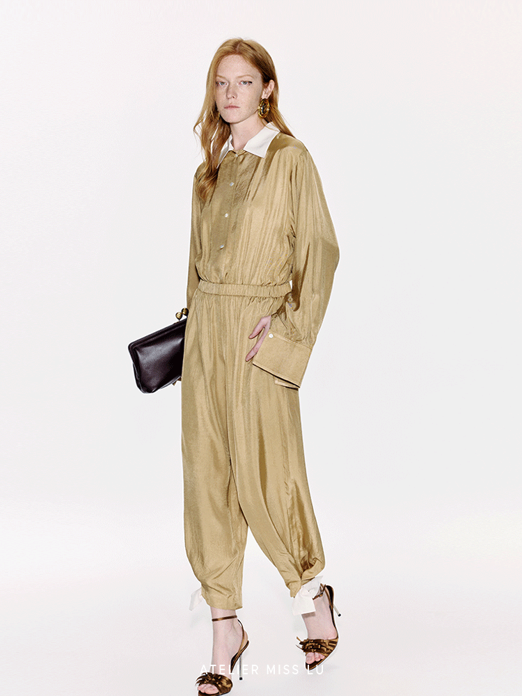 ATELIER MISS LU Ribbon Waist Acetate Jumpsuit - BLAKE