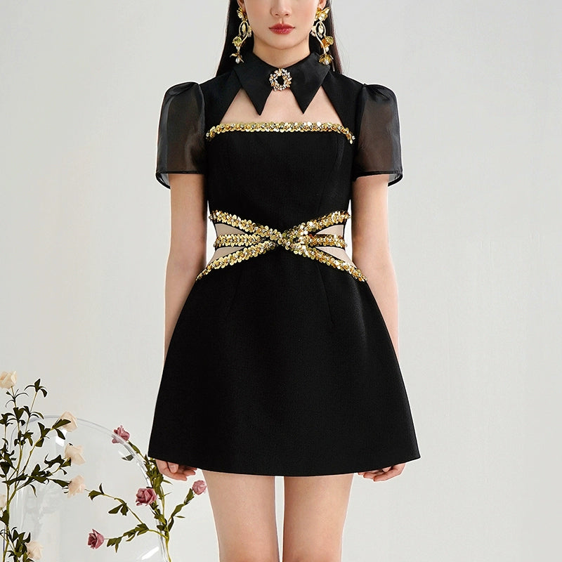 CHECOCRE Elegant Gold Sequence Hollow Black Short Dress - UNDER