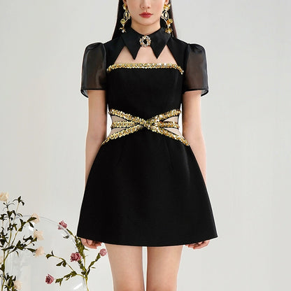 CHECOCRE Elegant Gold Sequence Hollow Black Short Dress - UNDER