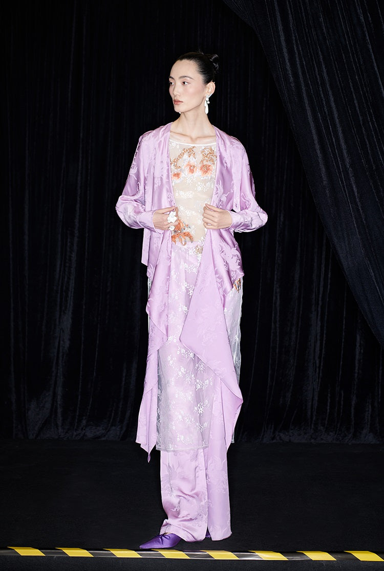 M essential Makay designer hibiscus jacquard layered placket wrap-around waist shirt - BETA.