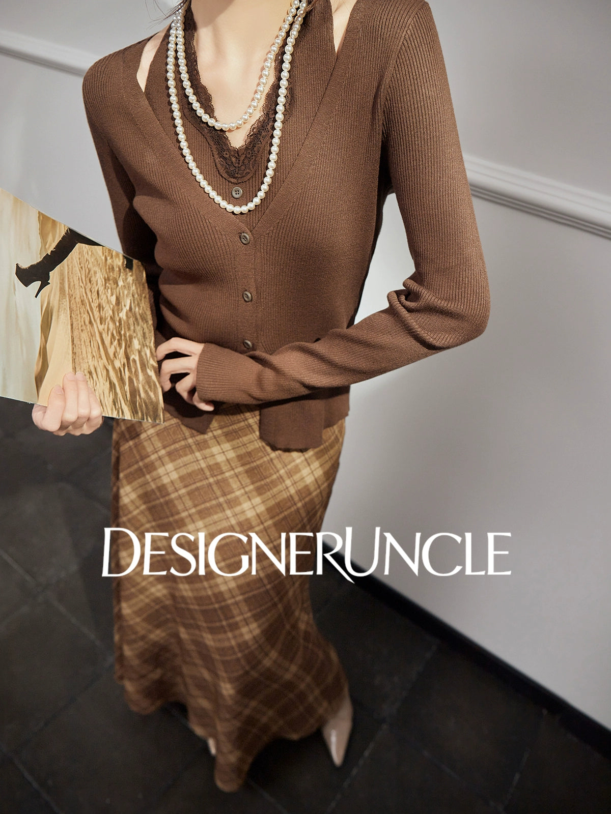 DGU "Hazel Shadow" coffee knitted sweater retro long-sleeved top - SEIGE.