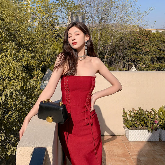 DOLLY Elegant Sleeveless Off Shoulder Tube Top Sexy Backless Midi Dress-XENNY