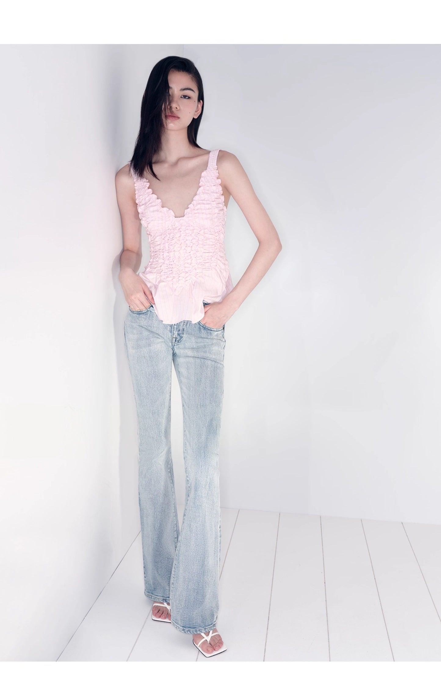 SHOWROOMPLUS Sweet Suspender Temperament V-Neck Pleated Sleeveless Top-RODRI '