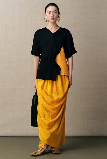 ZHUCHONGYUN yellow asymmetrical pleats slim skirt-CUD.