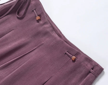 WANGXO | Sleek Cupro Asymmetrical Top and Highwaisted Pants Set -ELENORA.