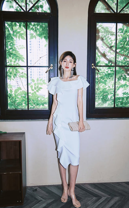 DOLLY High End Purple Ruffled Square Collar Slim Fit Formal Dinner Dress-ANGELIKI