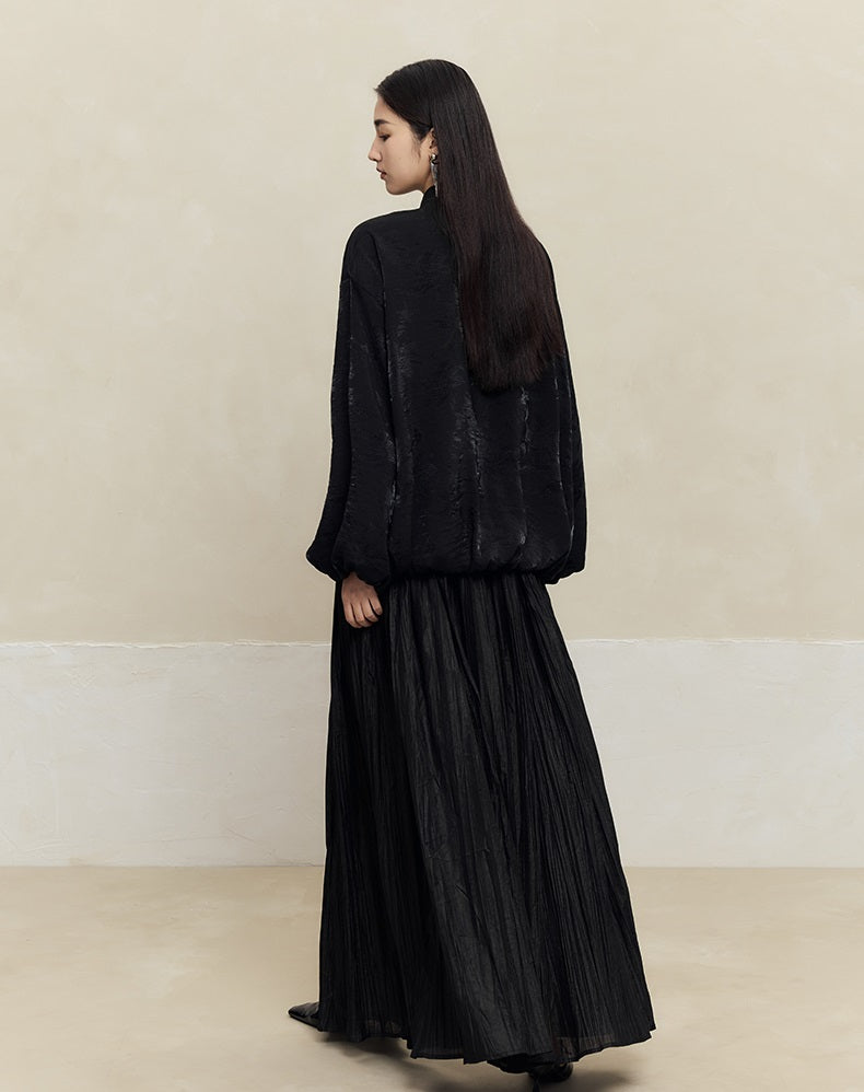 HECO striped texture swing high waist black green women's long skirt - muse.