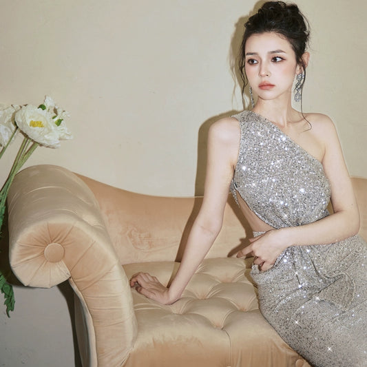 DOLLY Elegant Sliver One Shoulder Sleeveless Sparkling Slim Fit Sexy Dinner Dress-ALETA