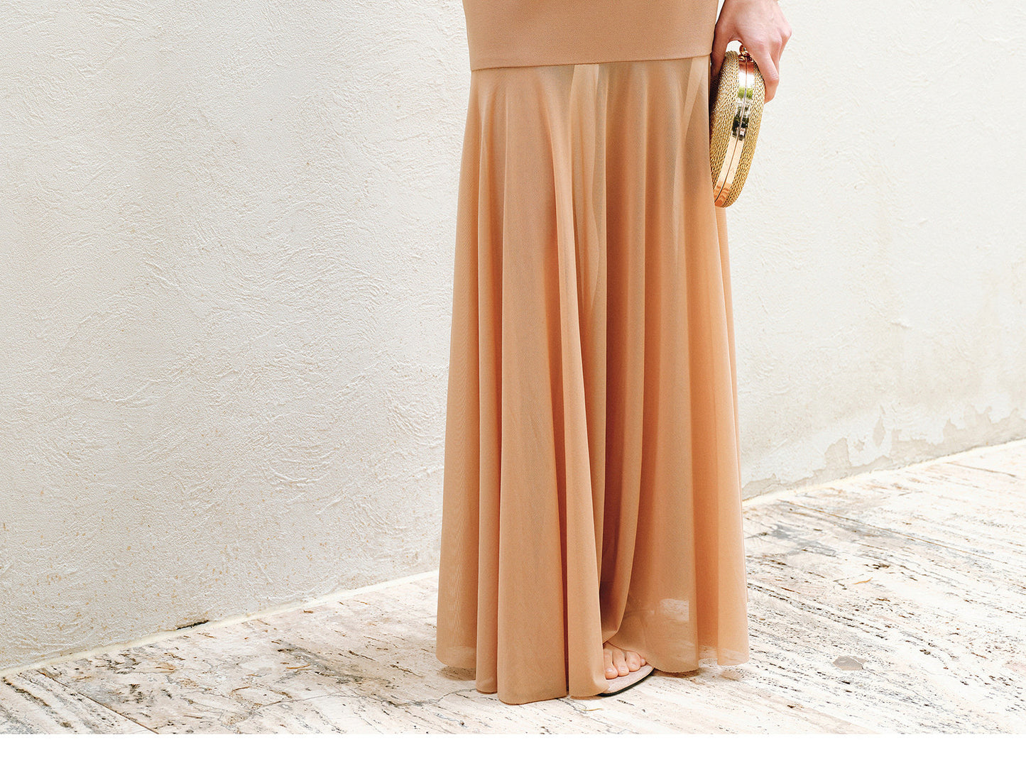 WANGXO | Twill Roman Knit with Lightweight Sheer Paneling  A-Line Hem Flowing Skirt  -RAYA