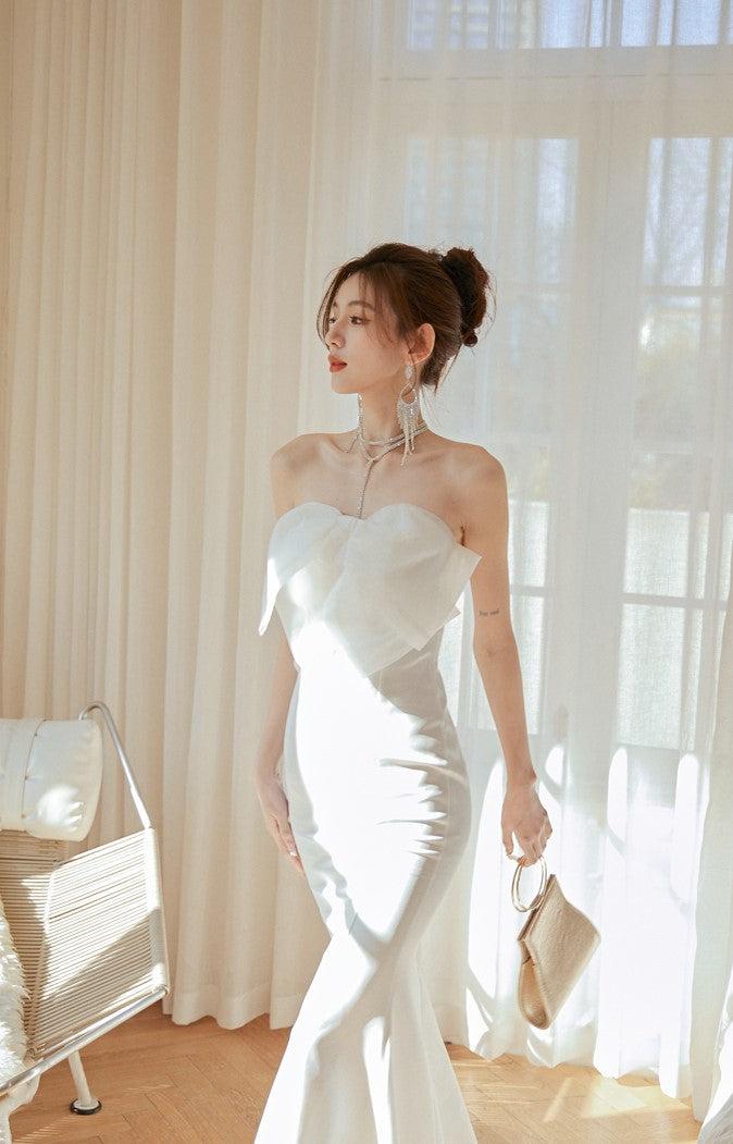 DOLLY Elegant White French Style Big Bow Long Fish Tail Cocktail Dress-FREYA