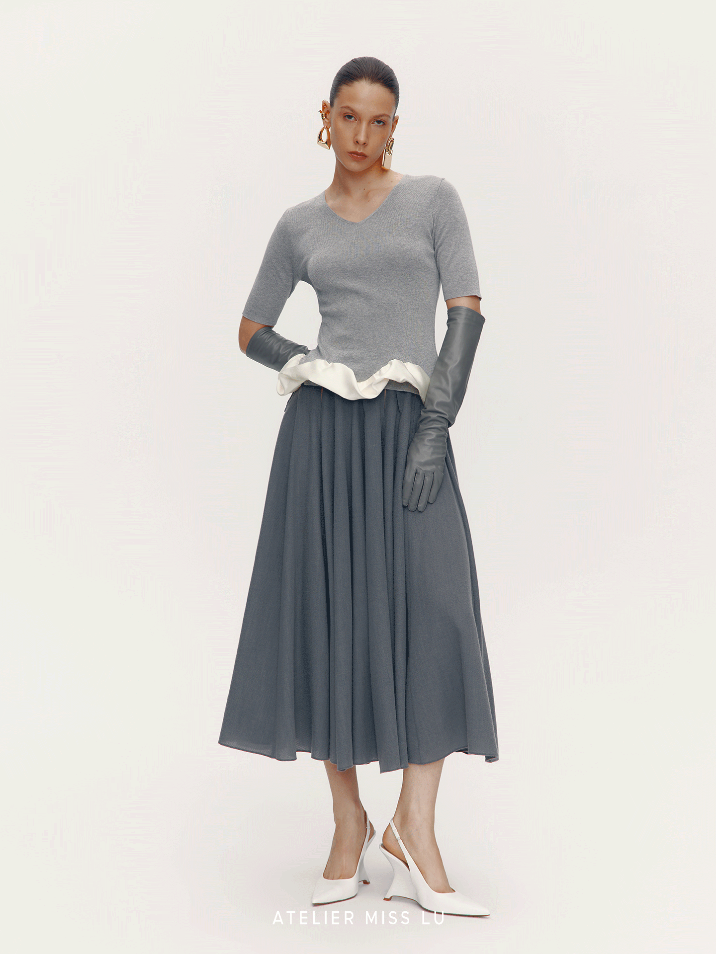 ATELIER MISS LU [Ferris Wheel Shimmer] Waist Cutout Sheep Wool Blend Skirt - LOVER.