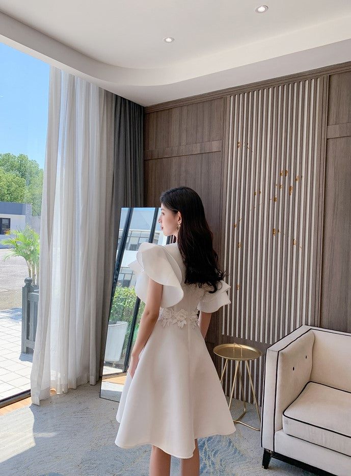 DOLLY Elegant White Slant Collar Short Ruffle Sleeves Midi A-Line Dinner Dress-CRYSTA