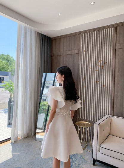 DOLLY Elegant White Slant Collar Short Ruffle Sleeves Midi A-Line Dinner Dress-CRYSTA