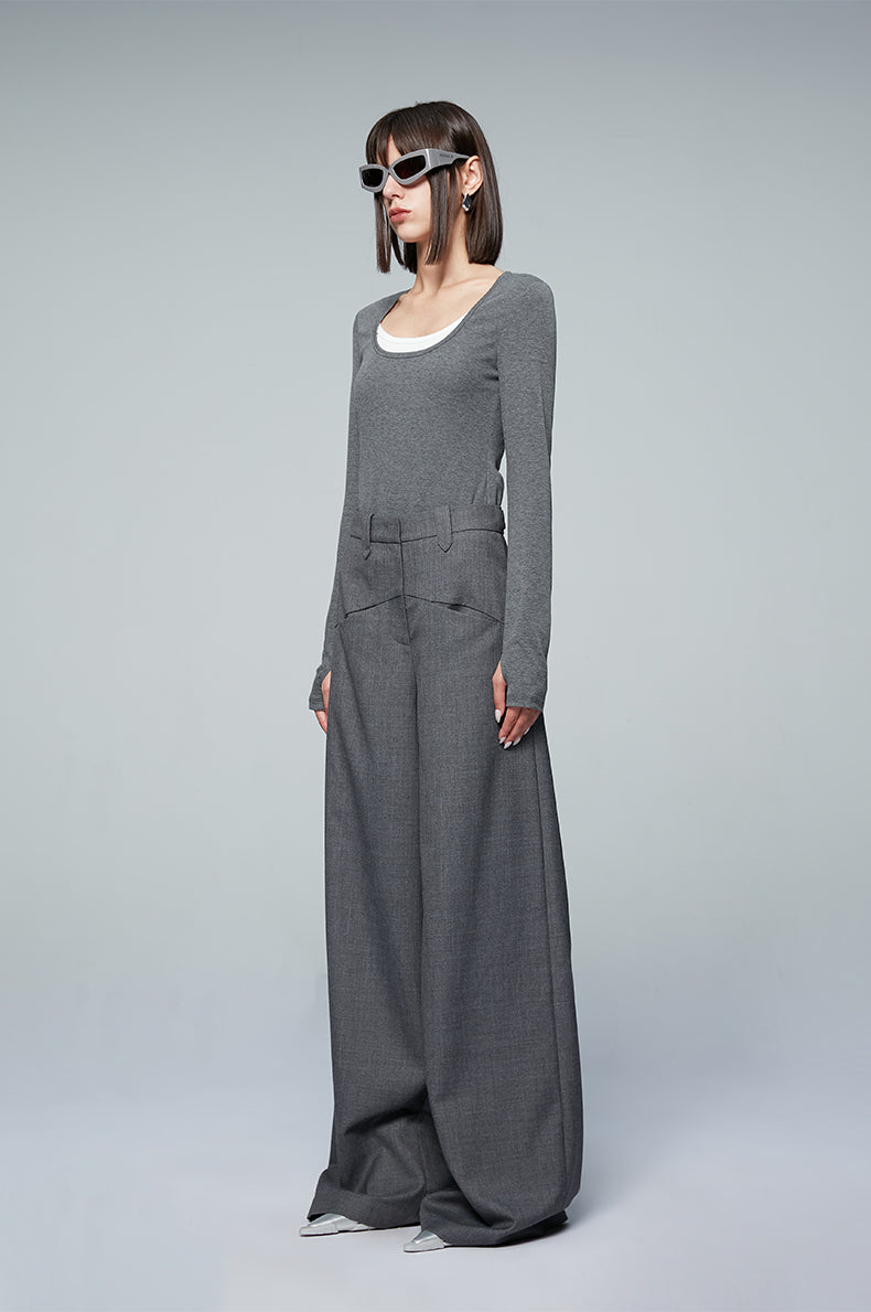 ANNAKIKI Gray Worsted Wool Wide-leg Pants Casual Pants-DEMI