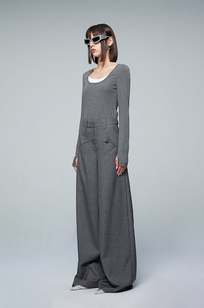 ANNAKIKI Gray Worsted Wool Wide-leg Pants Casual Pants-DEMI