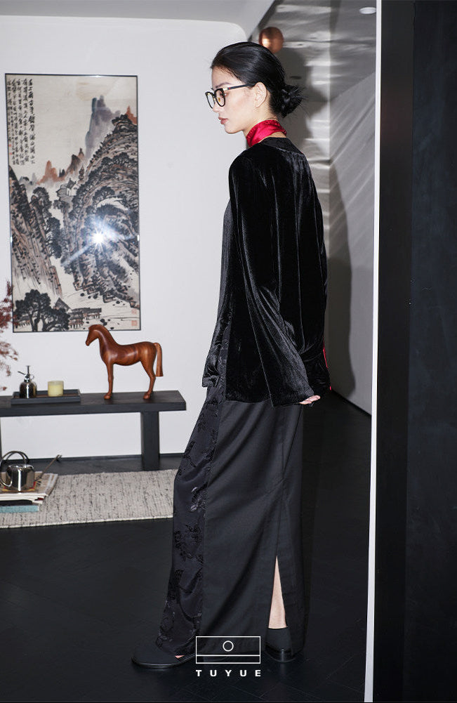 TUYUE Chinese Style Black Slim Satin Woven H-Shaped Skirt- XENA.