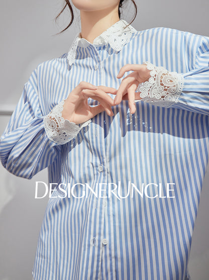 DGU|Blue Striped New Lace Stitching French Elegant Design Top - DREW.