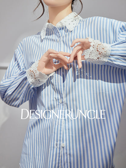 DGU|Blue Striped New Lace Stitching French Elegant Design Top - DREW.