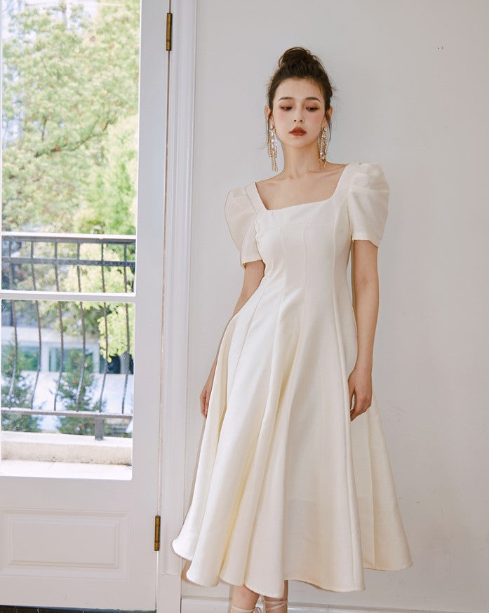 DOLLY Elegant Retro Square Neck Short Puff Sleeve Satin Long A-Line Dress-BAMBI