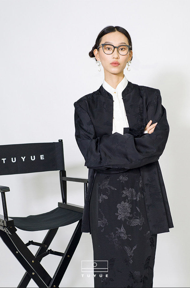 TUYUE Black Weave Stand Collar Slim Blazer - PRECIOUS.