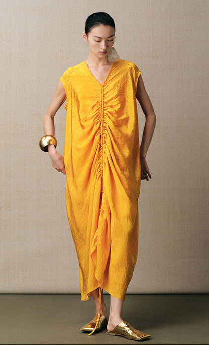 ZHUCHONGYUN yellow cocoon loose shirred V-neck dress-FAND.